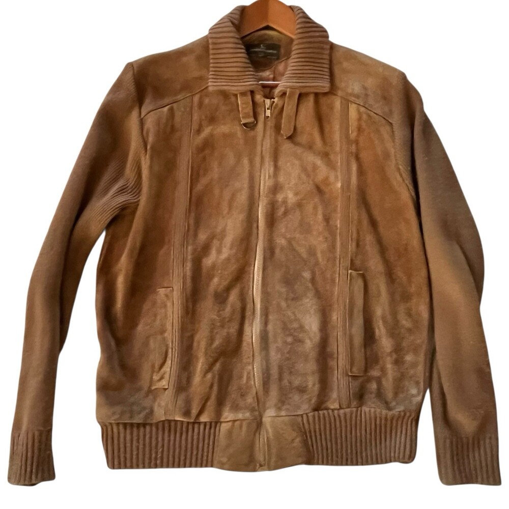 VTG Jacques Corbeau Leather Ribbed Knit Jacket Bomber Tan Camel Brown Zip Size L